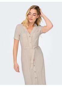 Hemdblusenkleid Only "ONLSIESTA SS LIN BL SHIRT DRESS PNT NOOS", Damen, Gr. M, N-Gr, moonbeam, Web, Obermaterial: 80% Viskose, 20% Leinen, unifarben, regular fit wadenlang, V-Ausschnitt, mit Umschlag, Kleider Hemdblusenkleid, mit Leinen