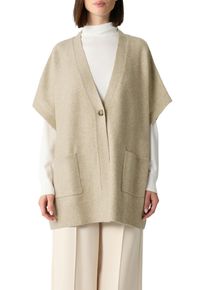 Strickjacke comma, Damen, light taupe melange, Strick, Obermaterial: 75% Polyester, 22% Polyacryl, 3% Elasthan, unifarben, l&auml;ssig geschnitten Po-bedeckend, tiefer V-Ausschnitt, Flachstrickb&uuml;ndchen, Strickjacken Strickjacke, im Poncho-Style mit 1-Knopf-Verschluss