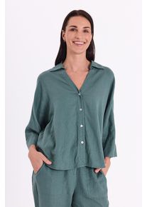 Hemdbluse Freequent "FQLAVA-SHIRT", Damen, Gr. XS, schwarz forest, Web, Obermaterial: 55% Leinen, 45% Viskose, h&uuml;ftlang, V-Ausschnitt, Blusen Hemdbluse