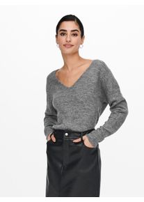 Jacqueline de Yong V-Ausschnitt-Pullover JDY "JDYELANORA L/S V-NECK PULLO. KNT NOOS", Damen, Gr. XL, grau (dunkelgrau melange), Strick, Obermaterial: 74% Polyacryl, 20% Nylon, 6% Elasthan, meliert, unifarben, figurumspielend h&uuml;ftlang, tiefer V-Ausschnitt, Rippb&uuml;ndchen, Pullover V-Ausschnitt-Pullover, mit leicht &uuml;berschnittenen Schultern