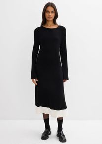 bonprix Strickkleid aus Viskose-Mix mit Kontrastdetails, schwarz, Gr.40/42 (M), Maxikleid mit kontrastierendem Saum und Seitennahtstreifen mit ausgestellten &Auml;rmeln und Rock, aus Viskose