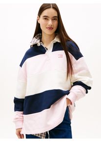 Sweatshirt Tommy Jeans "TJW BADGE STRIPE RUGBY, Oversized Fit Rugby-Shirt", Damen, Gr. M (38), light pink, stripe, Sweatware, Obermaterial: 100% Baumwolle, gestreift, regular fit h&uuml;ftbedeckend, Rundhals, Rippb&uuml;ndchen, Sweatshirts Sweatshirt, Rugby-Streifen, farblich abgestimmter Tommy-Badge auf Brust