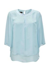 Kurzarmbluse GOLDNER "Kurzgr&ouml;&szlig;e Luftige Chiffonbluse mit Pailletten", Damen, Gr. 23, blau (blaut&uuml;rkis), Obermaterial: 100% Polyester PES., festlich, figurumspielend, Sonstiges, Blusen Kurzarmbluse, Mit Pailletten und Perlen am Ausschnitt
