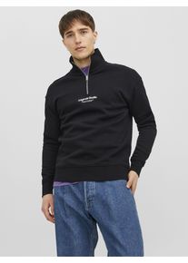 Jack & Jones Sweatshirt JACK & JONES "JORVESTERBRO SWEAT QUARTER ZIP HN NOOS", Herren, Gr. L, schwarz, angeraute Sweatware, Obermaterial: 70% Baumwolle, 30% Polyester, bedruckt, relaxed fit normal, hoch geschlossener Ausschnitt, Rippb&uuml;ndchen, Sweatshirts Sweatshirt, im Troyer-Look