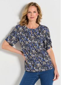 Schlupfbluse GOLDNER "Kurzgr&ouml;&szlig;e Elegantes Halbarm Blusenshirt, Druck", Damen, Gr. 24, blau (blau, stein, gemustert), Obermaterial: 100% Viskose CV., Blusen Schlupfbluse, doppellagige &Auml;rmel