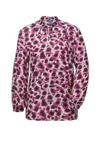 Klassische Bluse GOLDNER "Langarmshirt mit Stehkragen, Print", Damen, Gr. 52, lila (beere, gemustert), Obermaterial: 100% Viskose CV., figurumspielend, Gummib&uuml;ndchen, Blusen Klassische Bluse, Smok-Details