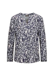 Kurzarmbluse GOLDNER "Kurzgr&ouml;&szlig;e Elegantes Blusenshirt mit V-Ausschnitt", Damen, Gr. 24, blau (blau, gemustert), Obermaterial: 95% Polyester PES. 5% Elasthan EL., Gummib&uuml;ndchen, Blusen Kurzarmbluse, Schulterpasse mit Kr&auml;uselung
