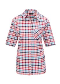 Kurzarmbluse GOLDNER "Wander-Bluse in Seersucker Qualit&auml;t", Damen, Gr. 44, blau (blau, merlot, kariert), Obermaterial: 61% Baumwolle CO. 38% Polyester PES. 1% Elasthan EL., Klassisch, Gerade, Blusen Kurzarmbluse, kann als Bluse und als leichtes J&auml;ckchen getragen werden