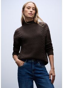 Stehkragenpullover Street One, Damen, Gr. 46, deep roast braun, Strick, Obermaterial: 34% Baumwolle, 34% Polyacryl, 29% Polyester, 3% Elasthan, regular fit normal, ohne Ausschnitt, Rippb&uuml;ndchen, Pullover Stehkragenpullover, mit Strickmuster