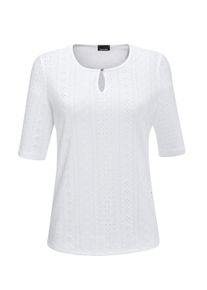 Kurzarmshirt GOLDNER "Feminines Spitzenshirt", Damen, Gr. 50, wei&szlig;, Obermaterial: 95% Polyester PES. 5% Elasthan EL., Tubular, Shirts Kurzarmshirt, Mit kleinem Schlitz und sch&ouml;nem Knopf am Rundhals