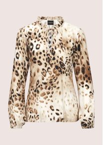 Madeleine Mode Langarmbluse MADELEINE "Bluse Tunika-Bluse mit Unikat-Print", Damen, Gr. 34, beige (caramel, multicolor), Obermaterial: 100% Viskose CV., Modern, normal, V-Ausschnitt, Blusen Langarmbluse