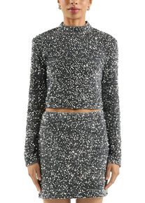 Langarmshirt QS, Damen, Gr. M (38), silber, Web, Obermaterial: 100% Polyester. Futter: 95% Polyester, 5% Elasthan, bestickt, slim fit normal, ohne Ausschnitt, Shirts Langarmshirt, mit Pailletten besetzt