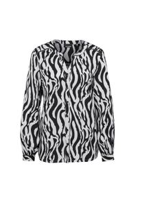 Kurzarmbluse GOLDNER "Bluse mit Tunika Ausschnitt", Damen, Gr. 50, schwarz (schwarz, wei&szlig;, gemustert), Obermaterial: 100% Viskose CV., figurumspielend, Manschette, Blusen Kurzarmbluse, Kn&ouml;pfe