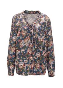 Druckbluse GOLDNER "Kurzgr&ouml;&szlig;e Druckbluse mit Ausschnittl&ouml;sung", Damen, Gr. 22, blau (marine, ahorn, gemustert), Obermaterial: 100% Viskose CV., Manschette, Blusen Druckbluse, Strahlender, farbharmonischer Allover-Druck