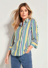Hemdbluse GOLDNER "Kurzgr&ouml;&szlig;e Bluse", Damen, Gr. 25, gr&uuml;n (gr&uuml;n, blau, gelb, gestreift), Obermaterial: 100% Polyester PES., Modisch, normal, Manschette, Blusen Hemdbluse, Knopfleiste