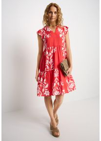 Sommerkleid Lascana, Damen, Gr. 46, N-Gr, blau (rot, wei&szlig; bedruckt), Web, Obermaterial: 100% Viskose, bedruckt, figurumspielend ca. Mitte Oberschenkel, V-Ausschnitt, Kleider Sommerkleid, mit Blumenprint und s&uuml;&szlig;en Fl&uuml;gel&auml;rmeln, Sommerkleid, Strandkleid