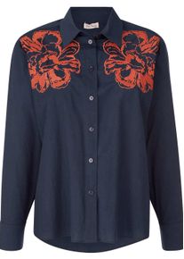 Hemdbluse Alba Moda "Hemdbluse Hemdbluse mit Stickerei-Akzenten", Damen, Gr. 44, blau (marine), Obermaterial: 98% Baumwolle CO. 2% Elasthan EL., Modern, gerade, Blusen Hemdbluse
