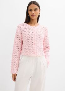 bonprix Ajour-Strickbolero, rosa, Gr.48/50 (XL), H&uuml;ftlange H&auml;keljacke mit Knopfleiste vorne, 50% Baumwolle