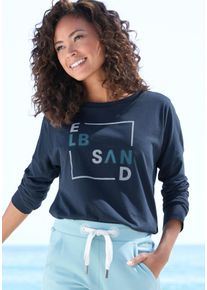 Langarmshirt ELBSAND "Iruna", Damen, Gr. L (40), marine, Jersey, Obermaterial: 50% Baumwolle, 50% Polyester, bedruckt, figurumspielend h&uuml;ftlang, Rundhals, Shirts Langarmshirt, mit Frontdruck, Longsleeve, lockerer Schnitt, Topseller