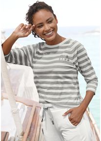 3/4-Arm-Shirt ELBSAND "Celin", Damen, Gr. XXL (44), creme, taupe gestreift, Jersey, Obermaterial: 50% Baumwolle, 50% Polyester, gestreift, figurumspielend h&uuml;ftlang, Rundhals, Raglan&auml;rmel gerader Abschluss, Shirts 3/4-Arm-Shirt, mit Streifen, Rundhalsausschnitt, Jerseyshirt, Topseller