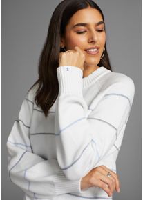 Strickpullover DELMAO, Damen, Gr. 48/50 (XL), bunt (wei&szlig;, blau, gestreift), Grobstrick, Obermaterial: 50% Viskose, 28% Polyester, 22% Polyamid, gestreift, mehrfarbig, h&uuml;ftlang, Rundhals, Raglan&auml;rmel Rippb&uuml;ndchen, Pullover Strickpullover, mit zarten Streifen und Rundhals