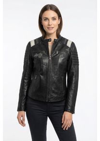 Lederjacke Mauritius "MWAgatha", Damen, Gr. XXXL(46), schwarz ii, Obermaterial: 100% Schafsleder. Futter: 100% Baumwolle. &Auml;rmelfutter: 100% Polyester, unifarben mit Farbeins&auml;tzen, regular fit h&uuml;ftlang, mit Rei&szlig;verschluss, Jacken Lederjacke, Racerjacke mit Lederpatches