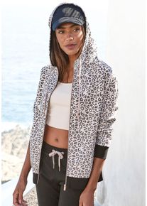 Kapuzensweatjacke Lascana, Damen, Gr. 36/38, beige (beige, schwarz), Sweatware, Obermaterial: 60% Baumwolle, 40% Polyester, bedruckt, gemustert, bequem h&uuml;ftlang, B&uuml;ndchen, Sweatjacken Kapuzensweatjacke, Sweatshirtjacke mit Details in Ros&eacute;gold, Loungewear, Topseller