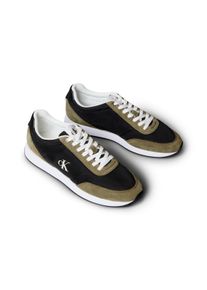 Sneaker Calvin Klein Jeans "RETRO RUNNER ESS MIX MAT", Herren, Gr. 42, schwarz, khaki, Leder, Textil, unifarben mit Farbeinsatz, Schuhe Sneaker, Runner-Sneaker, Freizeitschuh, Halbschuh mit seitlichem CK-Logo