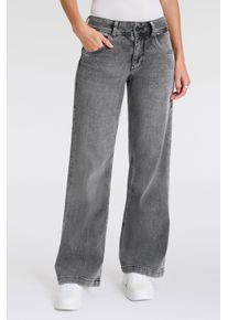 Bootcut-Jeans Herrlicher "Edna Denim Brushed", Damen, Gr. 32, L&auml;nge 34, grau (rhino), Denim/Jeans, Obermaterial: 77% Baumwolle, 10% Polyester, 10% Viskose, 3% Elasthan, ausgestellt normal, Jeans Bootcut-Jeans, mit markanten Taschenabn&auml;hern hinten