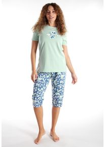 G&ouml;tzburg Pyjama G&Ouml;TZBURG, Damen, Gr. 46, gr&uuml;n, mittel, allover, Single Jersey, Obermaterial: 100% Baumwolle, bequem 3/4-L&auml;nge, Rundhals, gerader Abschluss, Homewear-Sets Pyjama, Kurzarm, 3/4 Hose, Rundhalsausschnitt, mit Motiv, Baumwolle