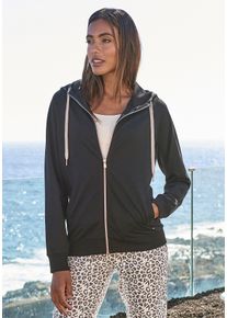 Kapuzensweatjacke Lascana, Damen, Gr. 36/38, schwarz, Sweatware, Obermaterial: 60% Baumwolle, 40% Polyester. Kapuzenfutter: 100% Baumwolle, unifarben, bequem h&uuml;ftlang, B&uuml;ndchen, Sweatjacken Kapuzensweatjacke, Sweatshirtjacke mit Details in Ros&eacute;gold, Loungewear, Topseller