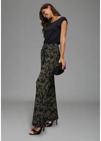 Jumpsuit Laura Scott, Damen, Gr. 46, N-Gr, schwarz, gr&uuml;n, Jersey, Obermaterial: 95% Viskose, 5% Elasthan, gemustert, U-Boot-Ausschnitt, angeschnitten, Overalls Jumpsuit, 2-in-1-Look, einfarbiges Oberteil, gebl&uuml;mte Hose, Viskose-Jersey