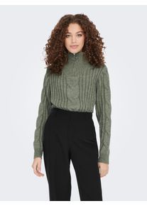 Jacqueline de Yong Stehkragenpullover JDY "JDYANDREA L/S ZIP CABLE PULLOVE KNT NOOS", Damen, Gr. M, gr&uuml;n (kalamata detail:melange), Strick, Obermaterial: 76% Polyacryl, 21% Polyester, 3% Elasthan, Strukturmuster, Zopfmuster, meliert, unifarben, h&uuml;ftlang, hoch geschlossener Ausschnitt, Pullover Stehkragenpullover, Materialmix
