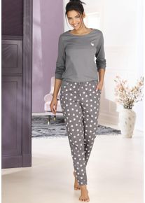 Pyjama Vivance Dreams, Damen, Gr. 44/46, taupe, gemustert, Single Jersey, Obermaterial: 100% Baumwolle, gemustert, Basic lang, Rundhals, Homewear-Sets Pyjama, mit s&uuml;&szlig;em Herzmuster