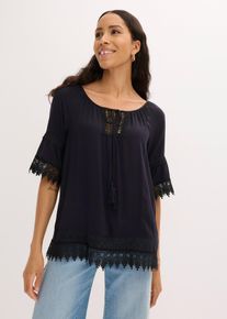 bonprix Tunika mit Spitze aus softer Viskose, schwarz, Gr.50, Aufwendig gearbeitete Tunika mit Spitze und Volants an &Auml;rmeln und Saum, leicht transparentes Material, aus Viskose