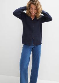 bonprix Feinstrickjacke, blau, Gr.48/50 (XL), zeitlose Strickjacke aus Milano Strick mit Kn&ouml;pfen in edler Hornoptik, 50% Baumwolle