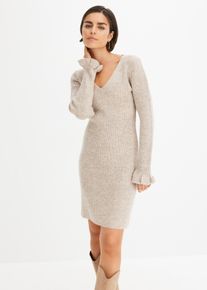 bonprix Strickkleid, beige, Gr.44/46 (L), feminines Strickkleid mit Volants am &Auml;rmelsaum