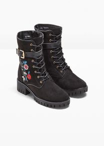 bonprix Schn&uuml;rboots mit Stickerei, schwarz, Gr.40, Verspielter Schn&uuml;rstiefel mit Blumenstickerei, aus Vegan