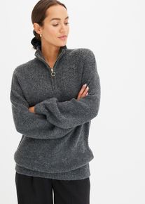 bonprix Troyer Pullover mit Ajourmuster, grau, Gr.36/38 (S), Kuscheliger Pullover mit Rei&szlig;verschluss