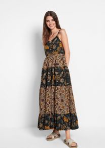 bonprix Maxikleid mit Volants, schwarz, Gr.44/46 (L), Bedrucktes Maxikleid mit Volants und V-Ausschnitt, aus 100% Baumwolle