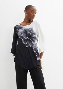 bonprix Shirt-Tunika mit Druck, schwarz, Gr.56/58 (3XL), Fr&uuml;hlingshafte Shirt-Tunika mit spitz zulaufendem Saumen und Blumenmuster