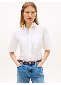 Kurzarmbluse Tommy Hilfiger "ESSENTIAL POPLIN SHORT SLEEVE SHIRTS", Damen, Gr. XS (34), th optic wei&szlig;, Popeline, Obermaterial: 100% Baumwolle, unifarben, l&auml;ssig geschnitten normal, Rundhals, angesetztes B&uuml;ndchen, Blusen Kurzarmbluse, mit Hemdkragen, Flag Stickerei auf der Brust