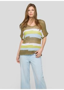 Strickpullover Rabe, Damen, Gr. 52, thymian, Strick, Obermaterial: 58% Baumwolle, 30% Polyacryl, 6% Polyamid, 3% Polyester, 2% sonstige Fasern, 1% metallisierte Fasern, gestreift, normal Po-bedeckend, Rundhals, B&uuml;ndchen, Pullover Strickpullover, Halbarm mit Colorblocking-Streifen und im H&auml;kel-Look