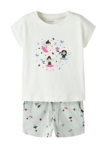 Shorty name it "NMFVIGEA CAPSL TOP SET", M&auml;dchen, Gr. 128, cloud dancer print, Jersey, Obermaterial: 100% Baumwolle, bedruckt, normal kurz, Rundhals, angeschnitten, Homewear-Sets Shorty, bestehend aus Shirt und Shorts
