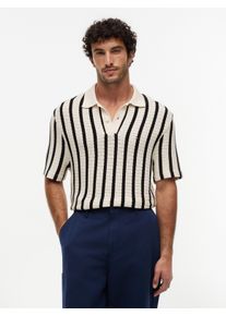 Poloshirt Tommy Hilfiger "OPEN KNIT RELAXED FIT POLO", Herren, Gr. S, muslin, schwarz, Strick, Obermaterial: 100% Baumwolle, gestreift, relaxed fit normal, Shirts Poloshirt, aus Lochstrick, relaxed