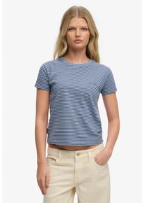 T-Shirt Superdry "ESSENTIAL LOGO STR FITTED TEE", Damen, Gr. XS, tidal blau stripe, Single Jersey, Obermaterial: 100% Baumwolle, gestreift, slim fit normal, Rundhals, Shirts T-Shirt, angenehmes Tragegef&uuml;hl durch besonders weiche Haptik