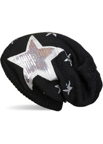 Strickm&uuml;tze styleBREAKER "Strick Beanie mit Pailletten Stern Print", Damen, schwarz, 100% Viskose CV., Modisch, M&uuml;tzen Strickm&uuml;tze