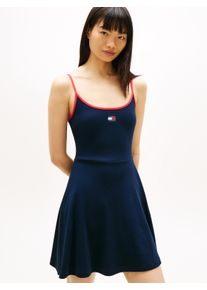 Spaghettikleid Tommy Jeans "TJW F&F STRAPPY BADGE DRESS", Damen, Gr. XS (34), N-Gr, schwarz night navy, Feinripp, Obermaterial: 95% Baumwolle, 5% Elasthan, unifarben mit Farbeinsatz, figurbetont mini, tiefer Rundhals, Kleider Spaghettikleid, Fit and Flare, gerippt, mit Kontrastdetails