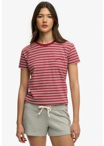 T-Shirt Superdry "ESSENTIAL LOGO STR FITTED TEE", Damen, Gr. XS, bordeaux rot stripe, Single Jersey, Obermaterial: 100% Baumwolle, gestreift, slim fit normal, Rundhals, Shirts T-Shirt, angenehmes Tragegef&uuml;hl durch besonders weiche Haptik