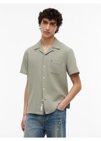 Leinenhemd Tommy Jeans "TJM REGULAR LINEN BLEND CAMP", Damen, Gr. L, N-Gr, utility sage, Web, Obermaterial: 55% Leinen, 45% Baumwolle, bestickt, unifarben, regular fit h&uuml;ftbedeckend, V-Ausschnitt, Hemden Leinenhemd, mit Reverskragen